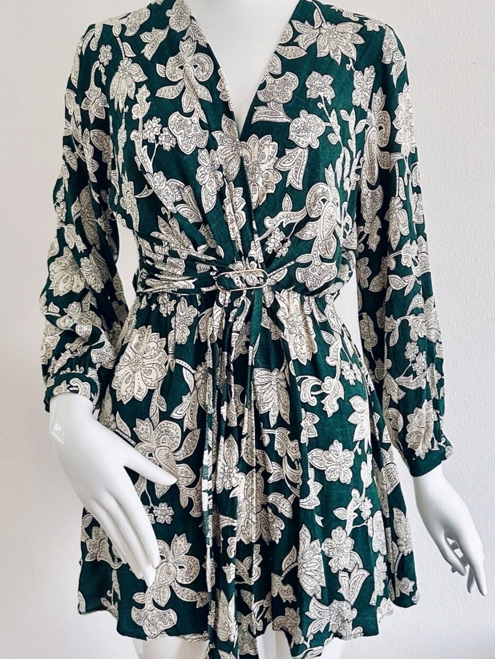 Zara Green and Cream Floral Wrap Romper with Tie Waist